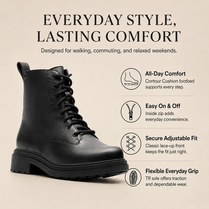 Women's black leather lace-up ankle boots with padded collar