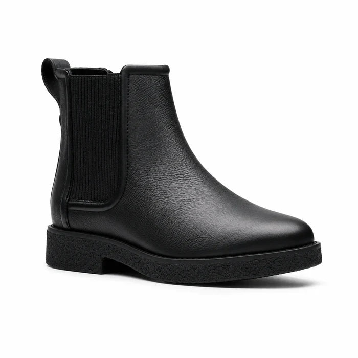 Black leather chelsea slip-on ankle boot with elastic side panels and cushioned sole