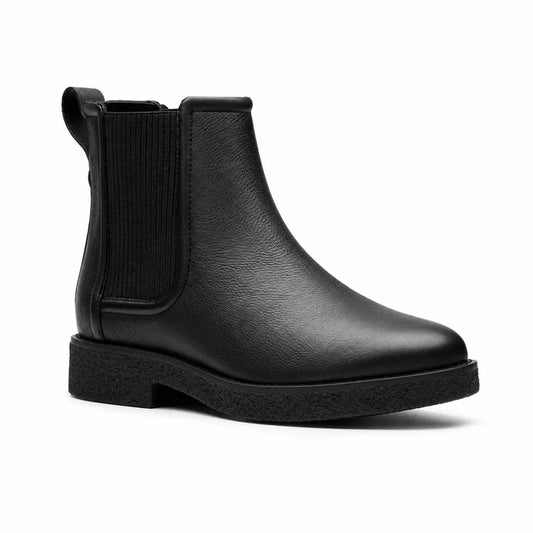 Black leather chelsea slip-on ankle boot with elastic side panels and cushioned sole