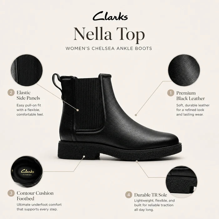 Black leather chelsea ankle boot with elastic side panels and rugged textured sole
