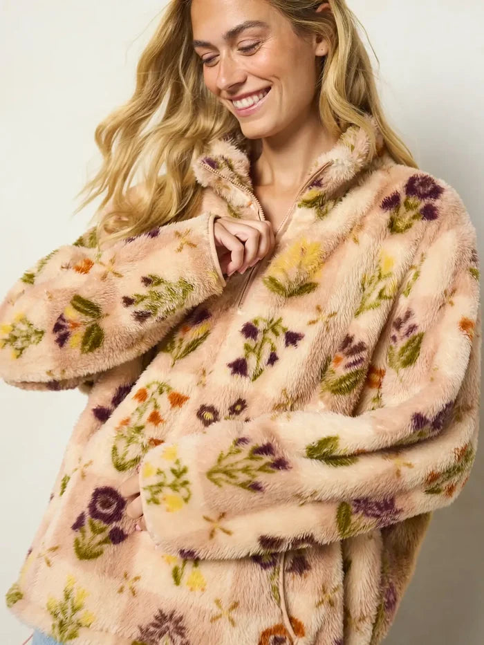 Coziest Quarter Zip Pullover Sweatshirt - Garden Patch Blush-view 1