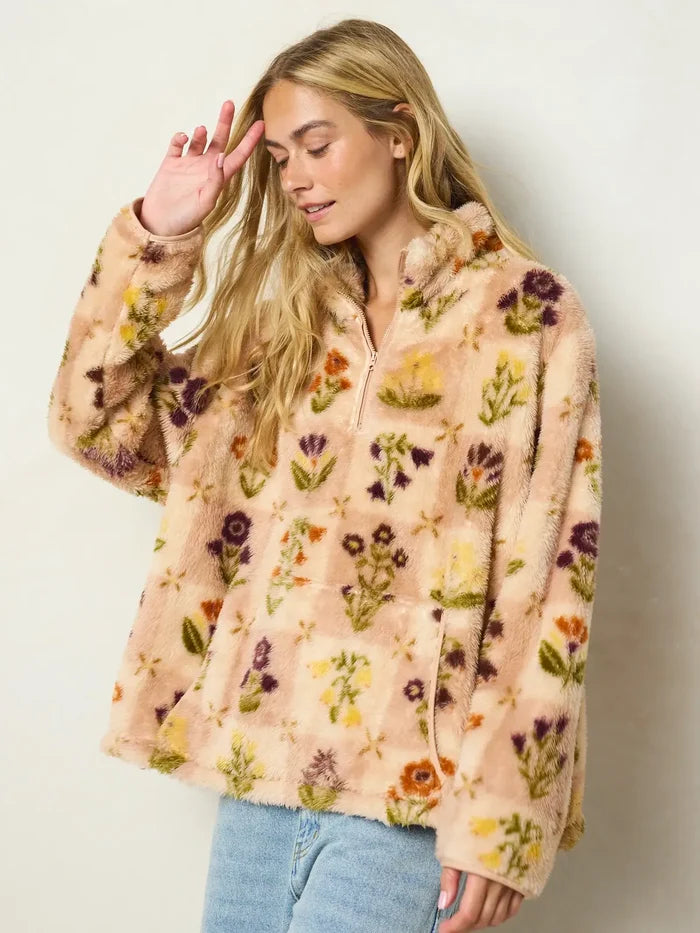 Coziest Quarter Zip Pullover Sweatshirt - Garden Patch Blush-view 2
