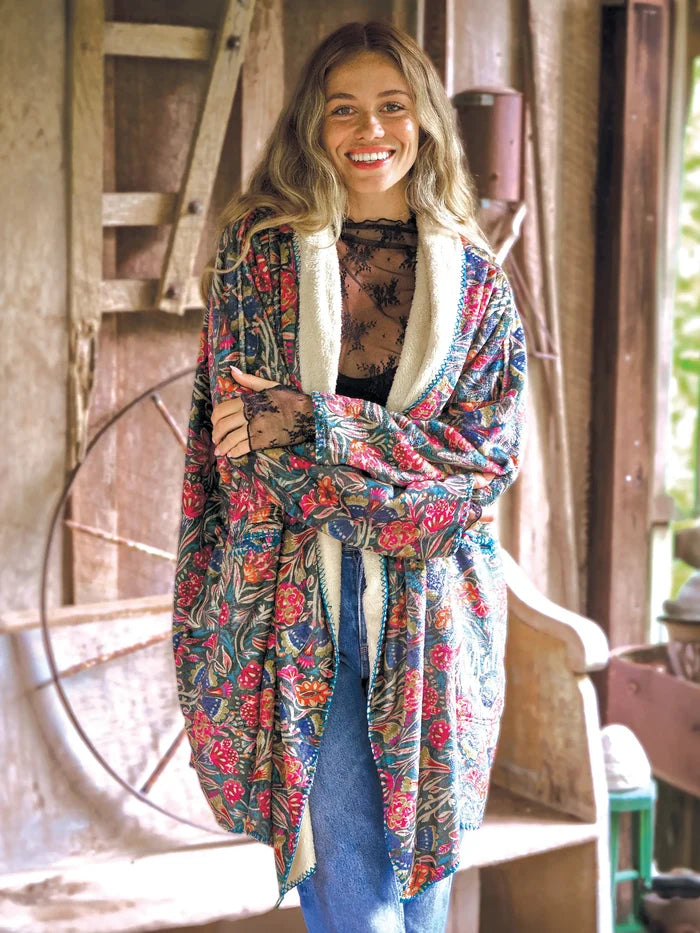 Cozy Blanket Kimono - Green Lined Floral-view 1