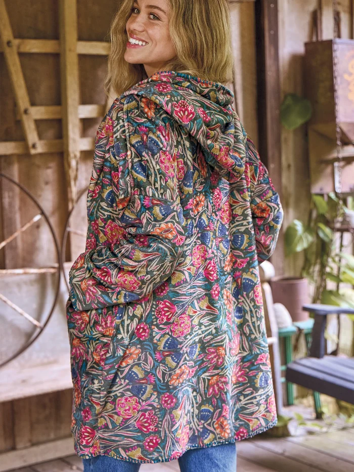 Cozy Blanket Kimono - Green Lined Floral-view 2