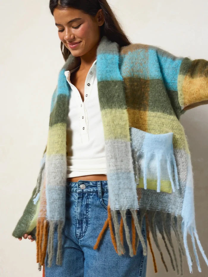Cuddle Up Cozy Jacket - Tan Blue Plaid-view 1