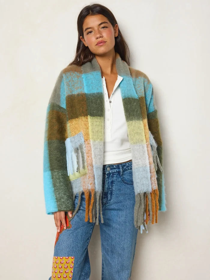Cuddle Up Cozy Jacket - Tan Blue Plaid-view 2