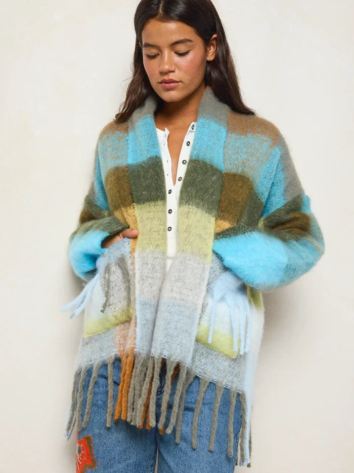 Cuddle Up Cozy Jacket - Tan Blue Plaid-view 3