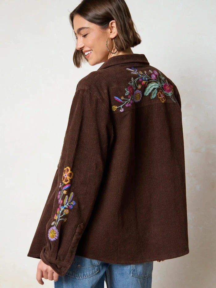 Cutest Embroidered Corduroy Shirt - Brown Floral-view 1