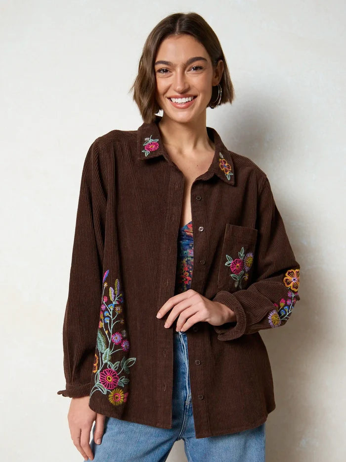 Cutest Embroidered Corduroy Shirt - Brown Floral-view 2