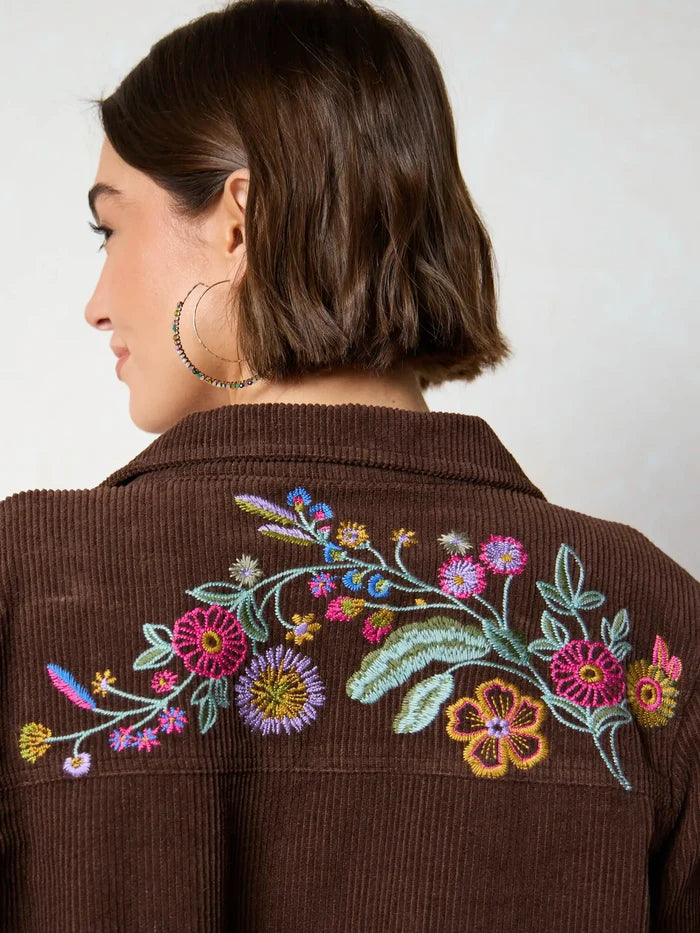 Cutest Embroidered Corduroy Shirt - Brown Floral-view 3