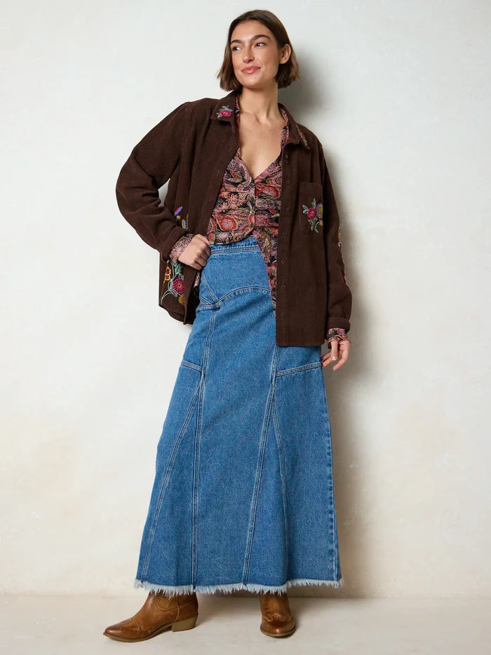 Cutest Embroidered Corduroy Shirt - Brown Floral-view 4
