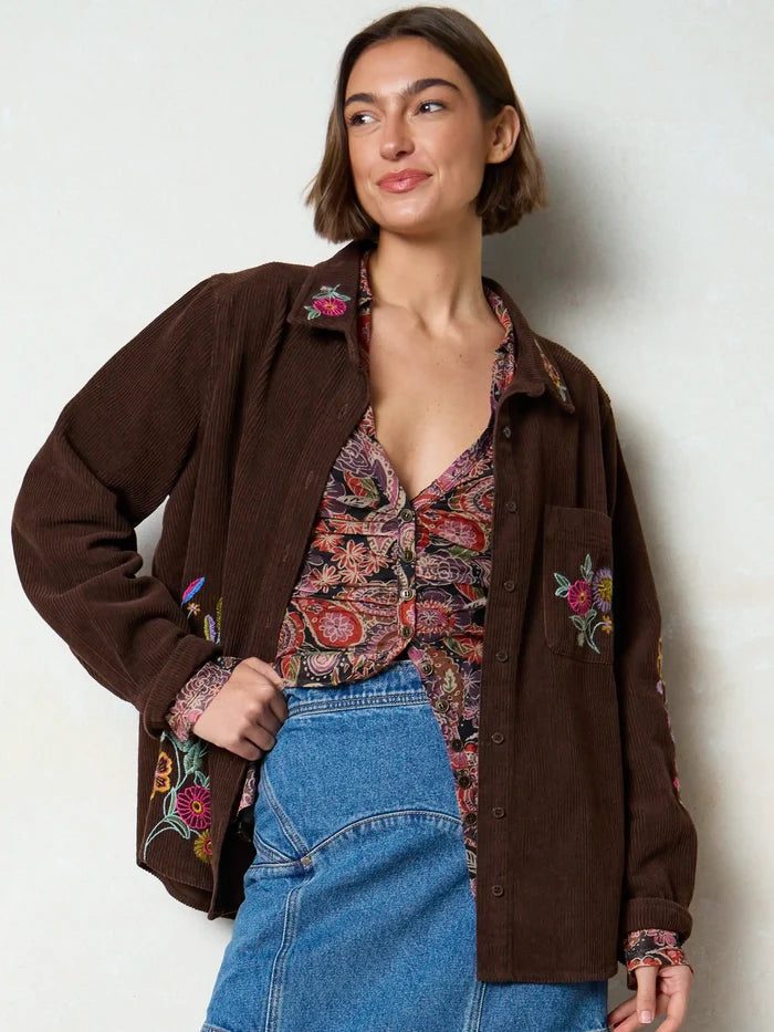 Cutest Embroidered Corduroy Shirt - Brown Floral-view 5
