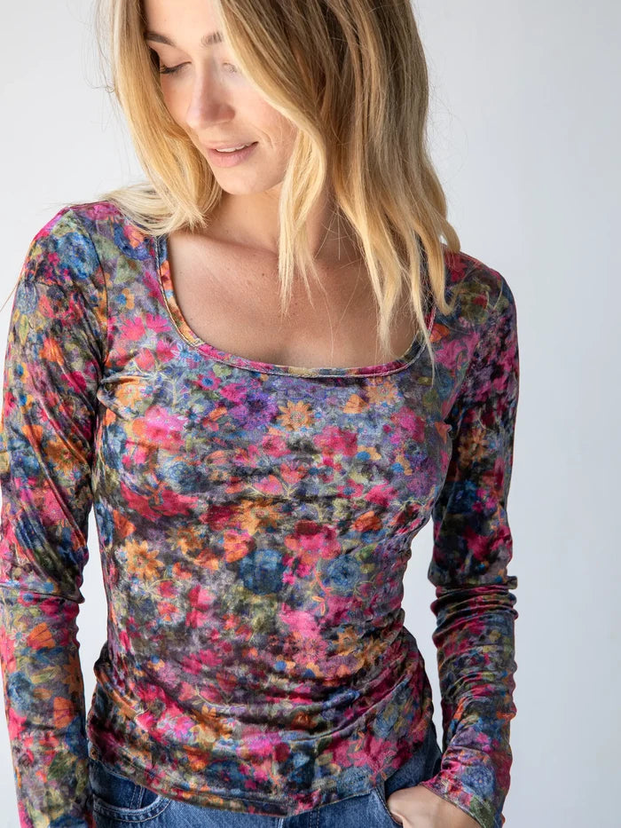Danielle Square Neck Velvet Top - Dark Floral Garden-view 1