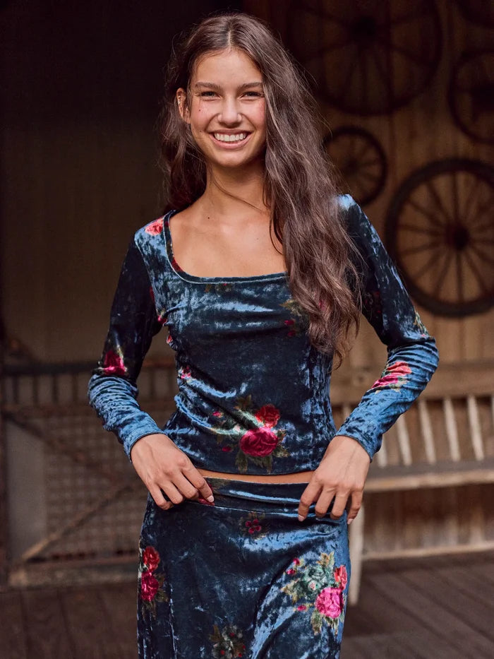 Danielle Square Neck Velvet Top - Mystic Bouquets Blue-view 1