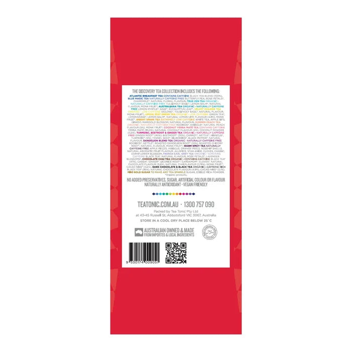 The back of a tea bag package, featuring a large white text panel with product details, a barcode, QR codes, and a row of color dots, all set against a solid red background.