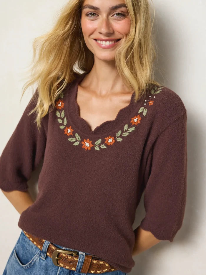 Dora Embroidered Sweater Top - Brown-view 3