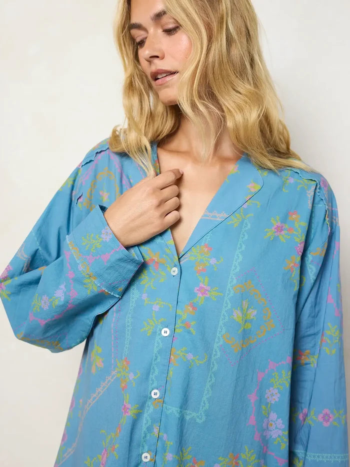 Dreamy Cotton Nightshirt - Heirloom Cross Stitch Blue-view 3