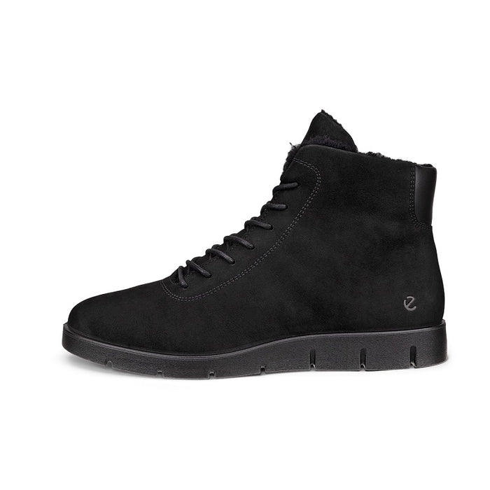 Black nubuck ankle boots with lace-up front and low cushioned sole