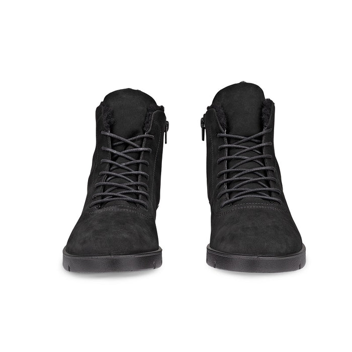 Black nubuck ankle boots with lace-up front and rear pull tab