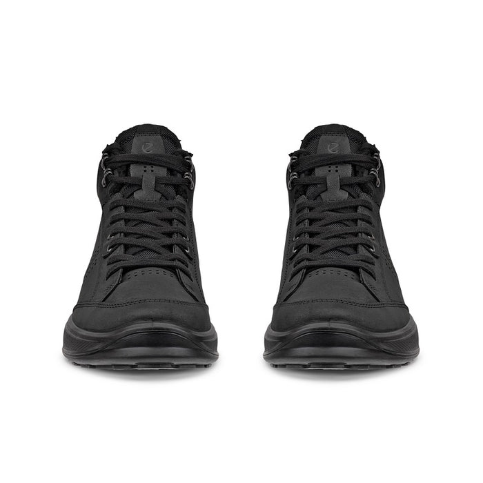 Pair of men's black lace-up ankle boots with textured toe and padded tongue