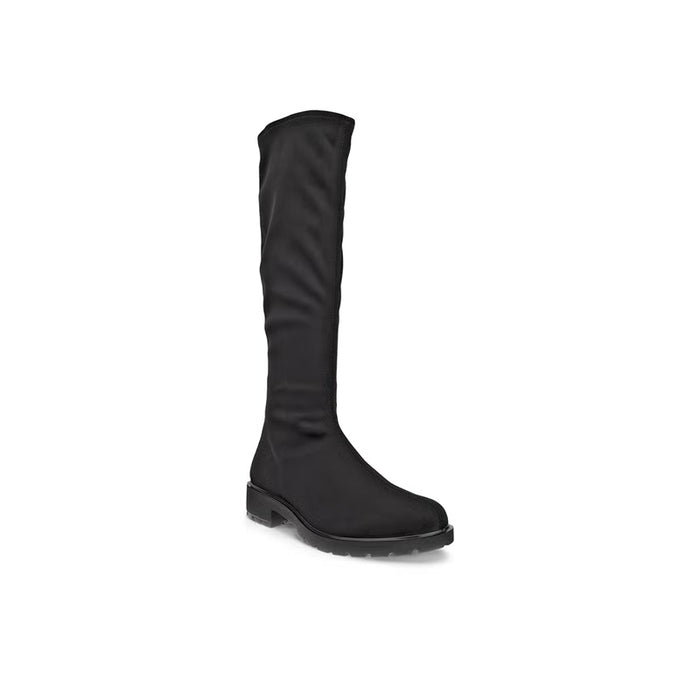 Black high-cut women’s boot with sleek pull-on shaft and low block heel