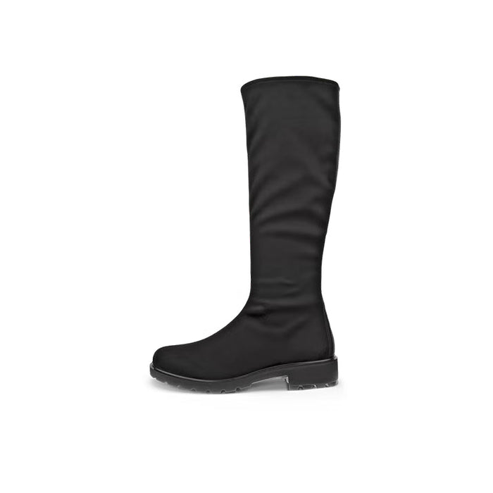 Black pull-on tall boot with rounded toe and low block heel