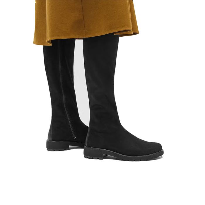 Black knee-high boots with side zipper and treaded block heel