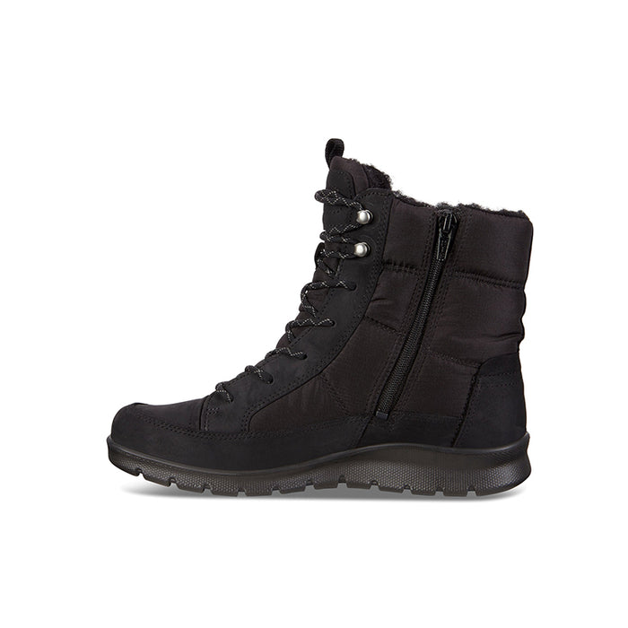 Women's black lace-up ankle boots with side zipper, padded collar, and rubber tread sole