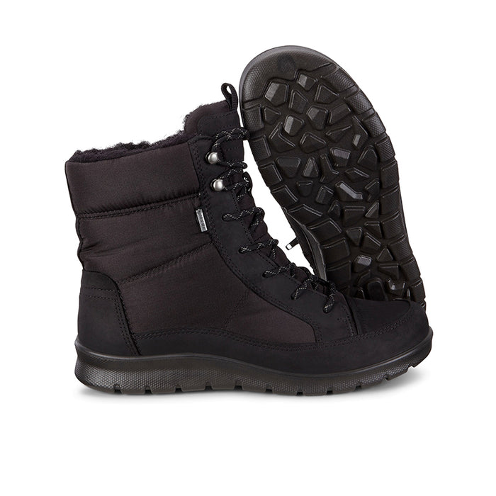 Women's black lace-up boot with side zipper and detailed tread pattern outsole