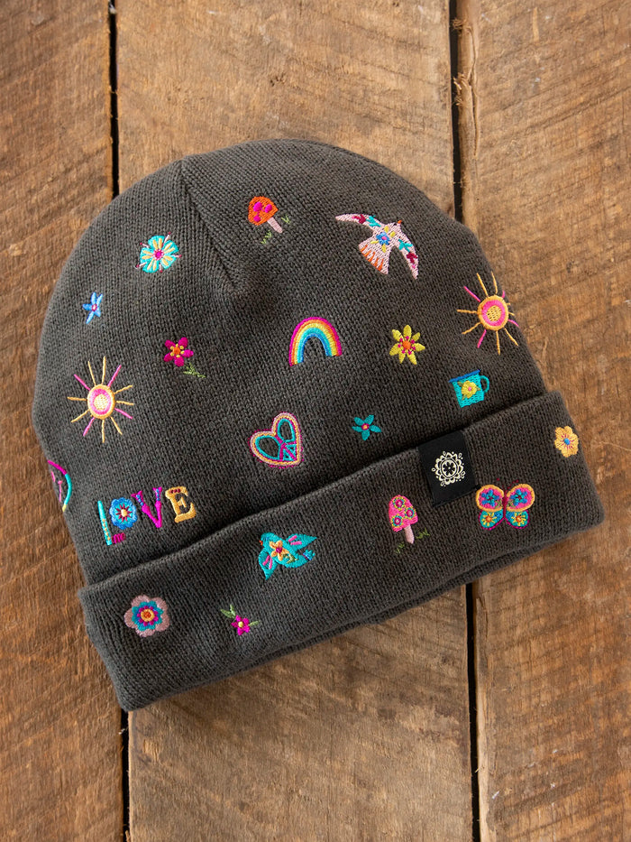 Embroidered Beanie - Charcoal Doodle-view 1