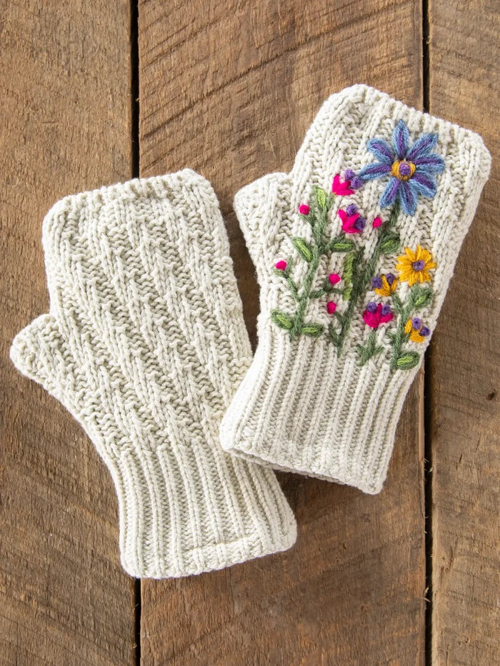 Embroidered Fingerless Gloves - Cream Flowers-view 1