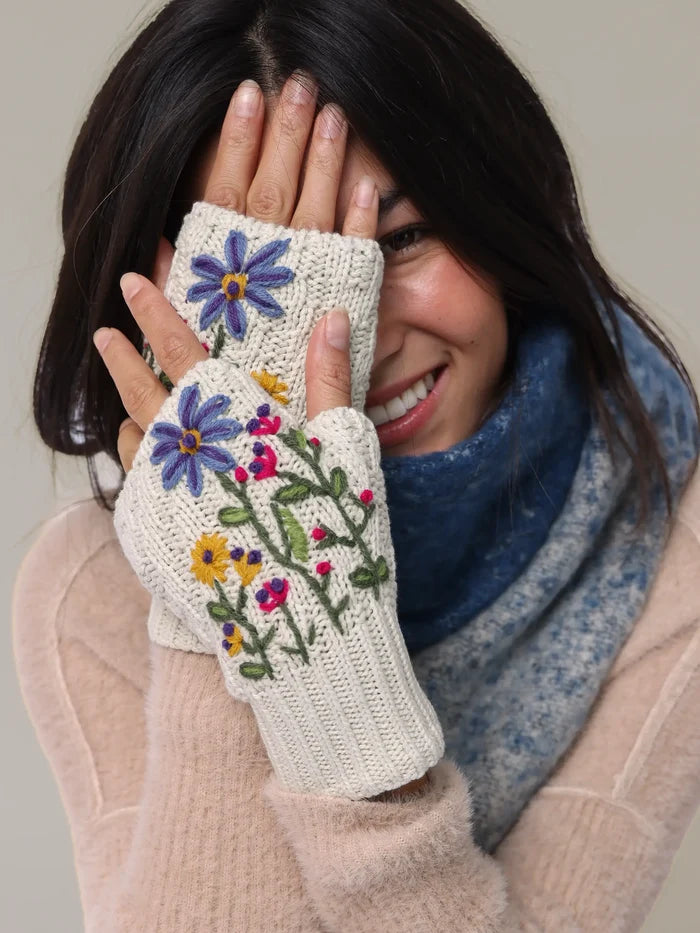 Embroidered Fingerless Gloves - Cream Flowers-view 2