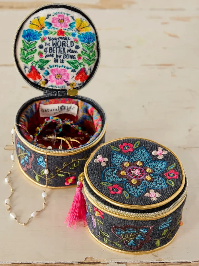 Embroidered Jewelry Case - Washed Black Floral-view 1