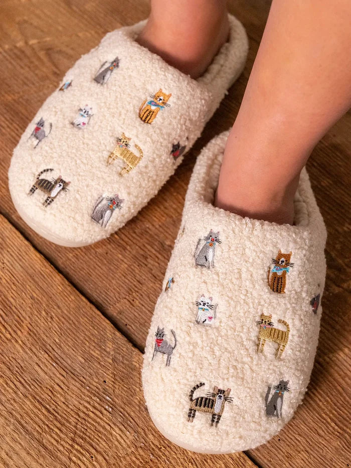Embroidered Sherpa Slippers - Cats-view 1
