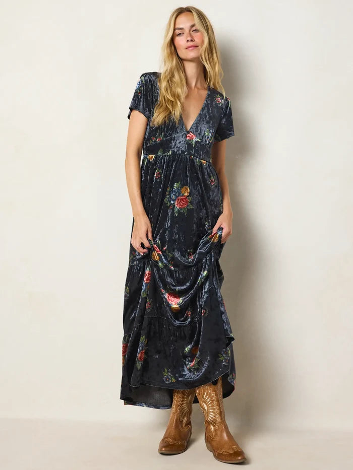 Evangeline Velvet Maxi Dress - Mystic Bouquets Black-view 1