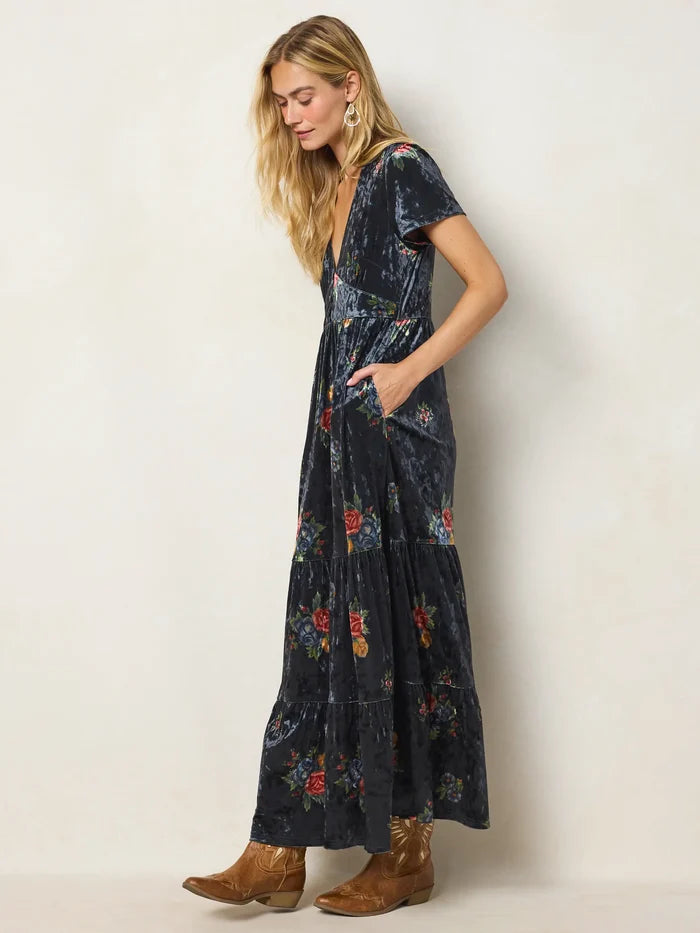 Evangeline Velvet Maxi Dress - Mystic Bouquets Black-view 3