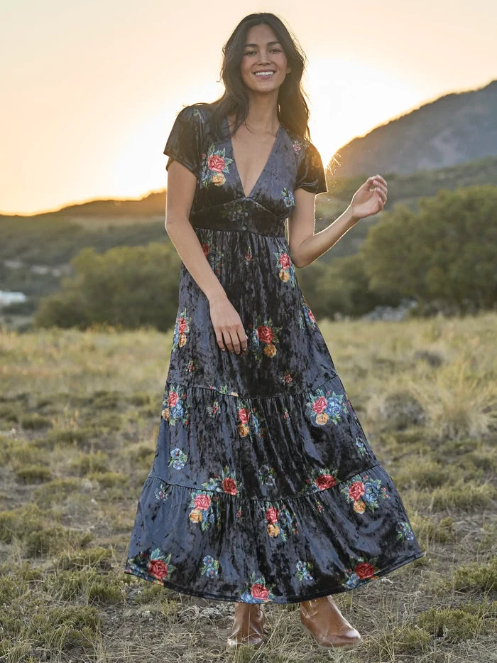 Evangeline Velvet Maxi Dress - Mystic Bouquets Black-view 5