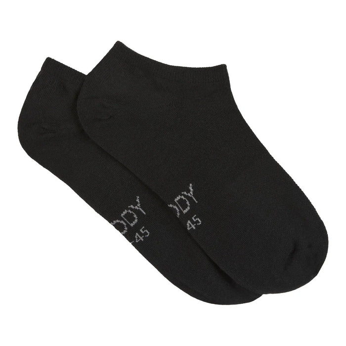 A pair of black low-cut ankle socks with white text reading 'BOODY' printed on the sides, displayed against a solid white background.