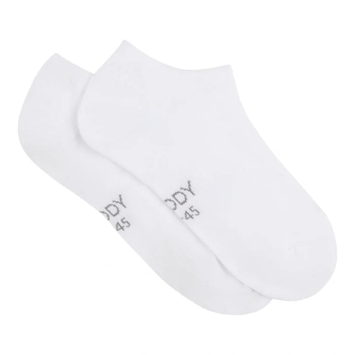 Two white low-cut ankle socks overlapping on a plain white background, with small grey 'BOODY' text printed near the toes.