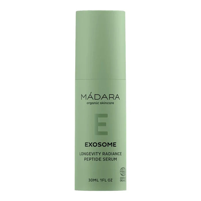 Mádara Exosome Longevity Radiance Peptide Serum in a light sage green cylindrical bottle, shown against a plain white background.
