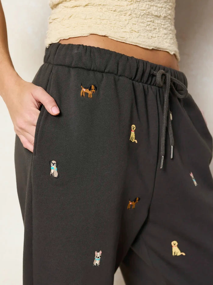 Fave Little Things Embroidered Jogger Pants - Charcoal Dogs-view 1