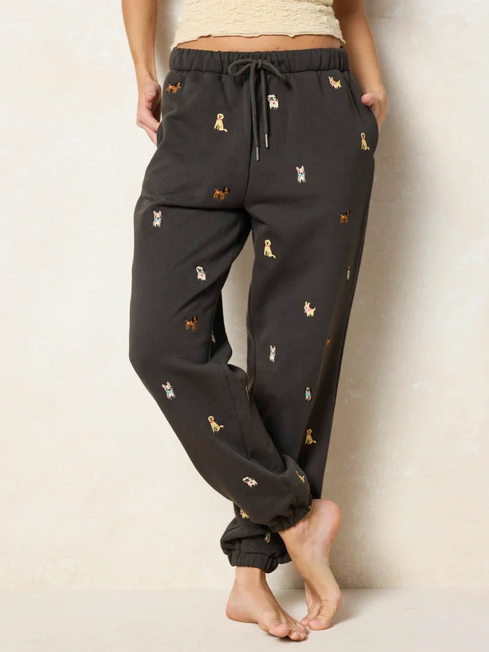 Fave Little Things Embroidered Jogger Pants - Charcoal Dogs-view 2