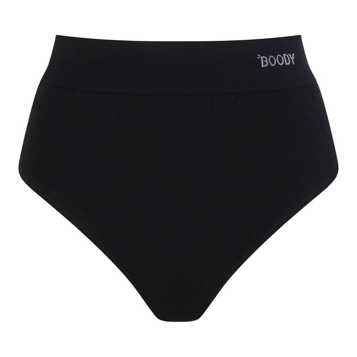 Black ribbed high-waisted briefs with a white printed 'BOODY' brand logo on the right side of the waistband, shown against a plain white background.