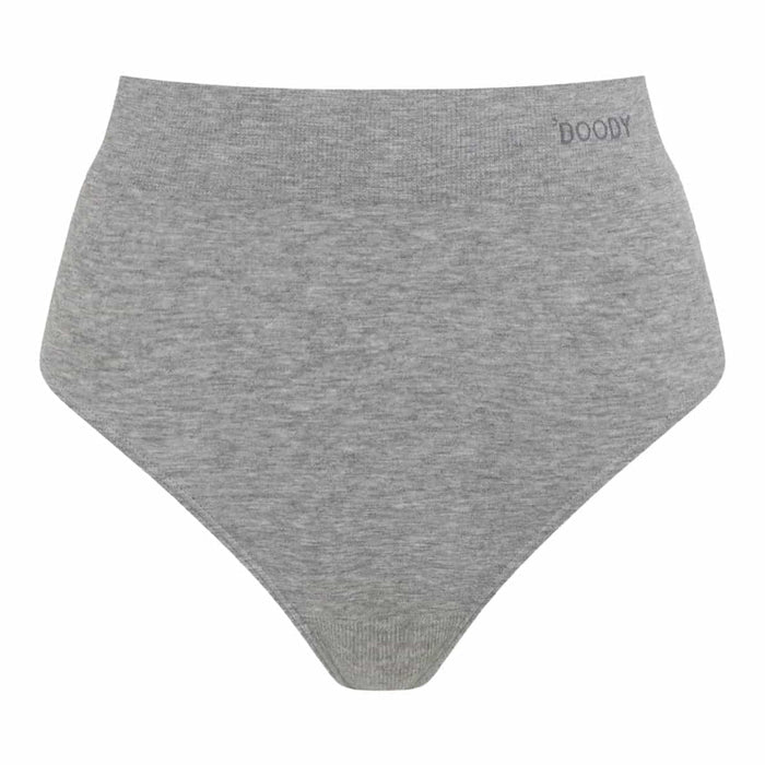 A pair of heather gray high-waisted briefs with a ribbed waistband and leg openings, featuring the brand name 'BOODY' printed in dark gray on the upper right side, shown against a plain white background.