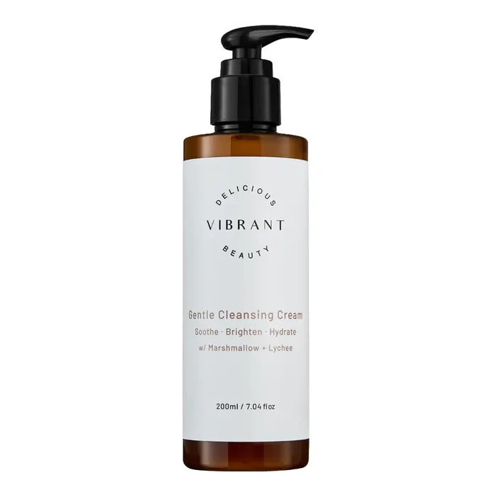 A 200ml amber glass bottle of Vibrant Beauty Gentle Cleansing Cream with a black pump dispenser and a white label, shown on a plain white background.