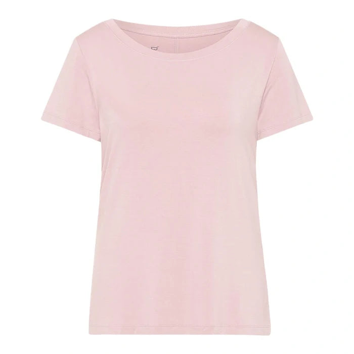 A light pink short-sleeve crewneck t-shirt displayed flat against a solid white background.