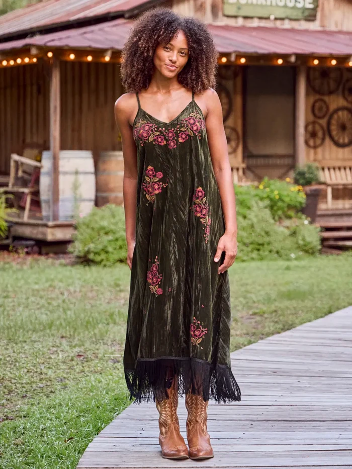 Gracie Embroidered Velvet Slip Maxi Dress - Olive Stitched Garden-view 1