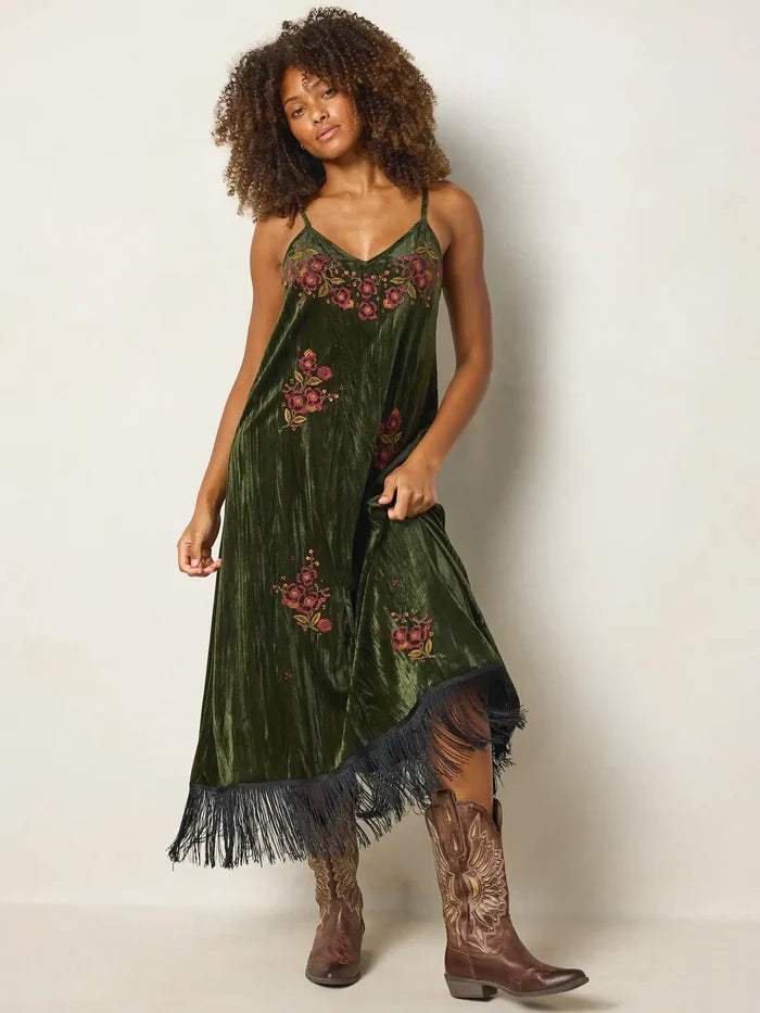 Gracie Embroidered Velvet Slip Maxi Dress - Olive Stitched Garden-view 2
