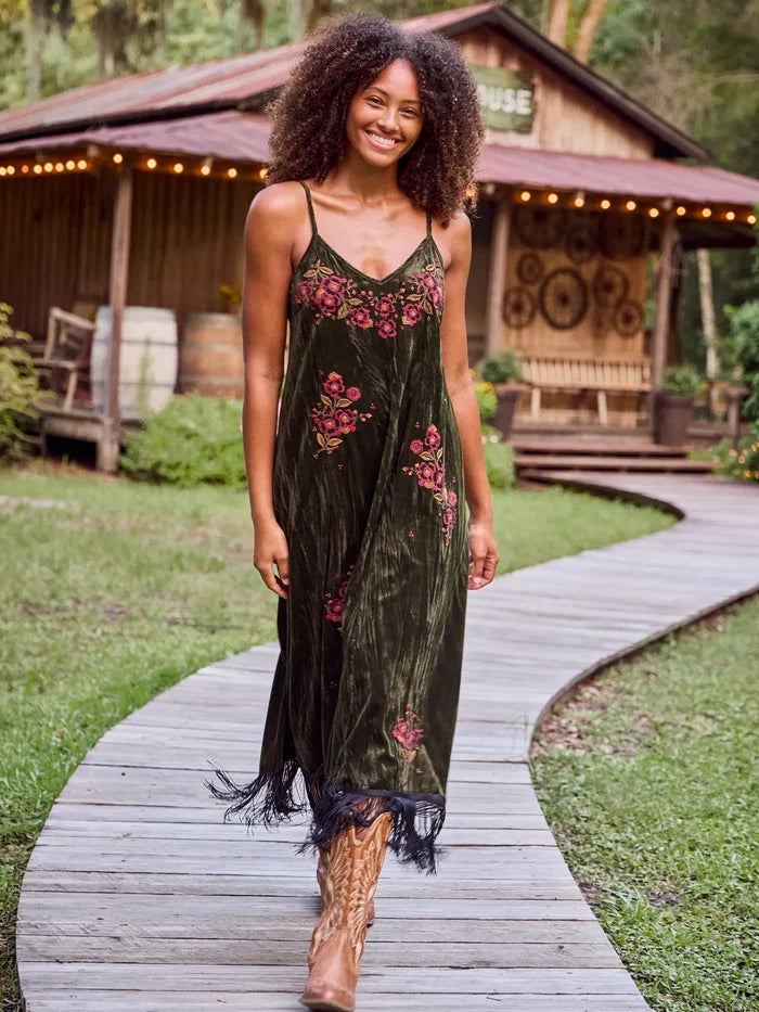 Gracie Embroidered Velvet Slip Maxi Dress - Olive Stitched Garden-view 4