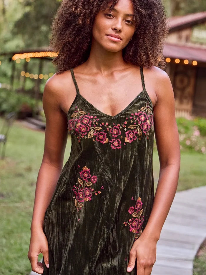 Gracie Embroidered Velvet Slip Maxi Dress - Olive Stitched Garden-view 7